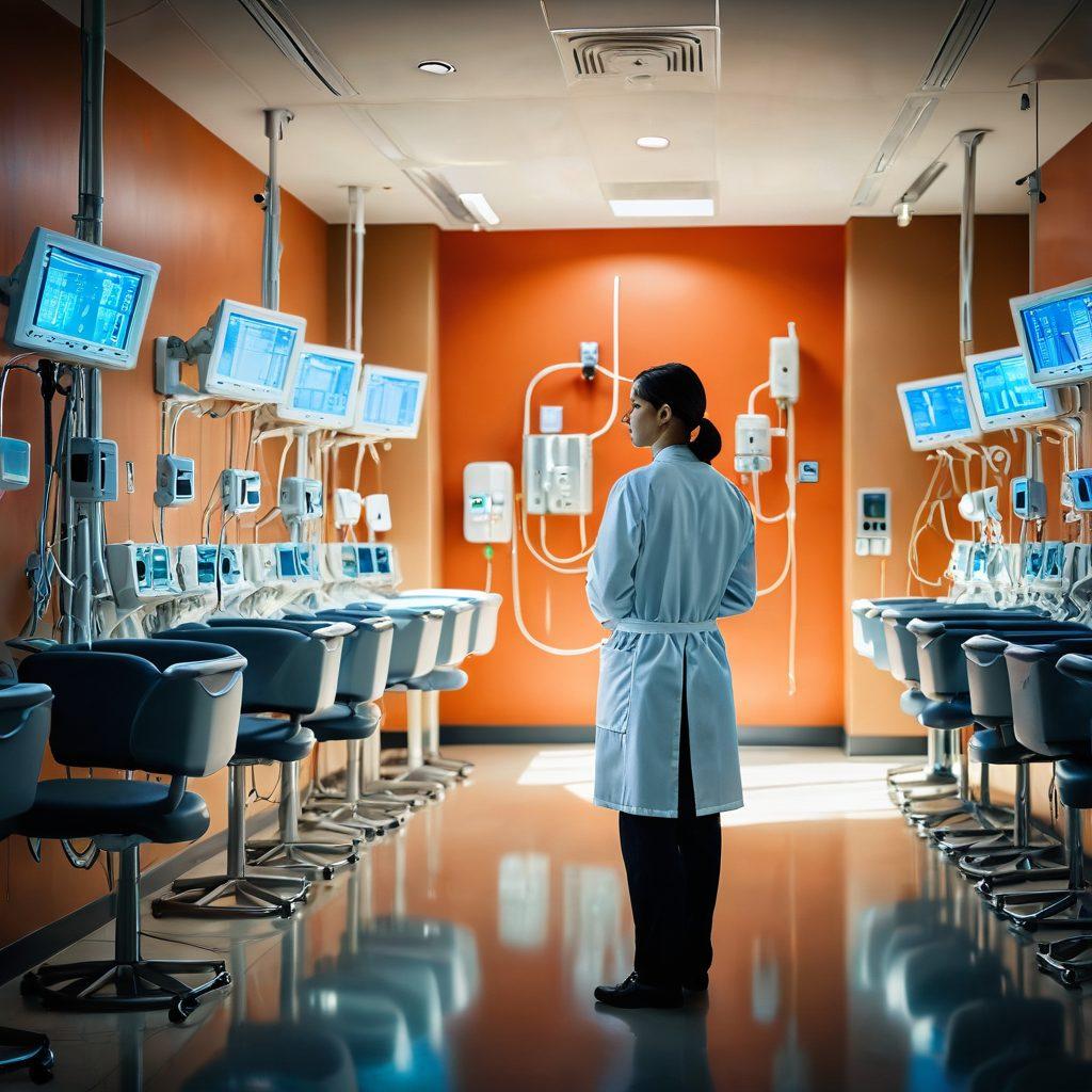 A thought-provoking scene depicting a healthcare professional contemplating ethical dilemmas while observing dialysis patients in a modern treatment room. The setting includes an array of dialysis machines, soft lighting highlighting patient care, and visual metaphors like a scale balancing justice and compassion. The background features abstract representations of choices and challenges in healthcare ethics. surrealism. warm colors. soft focus.