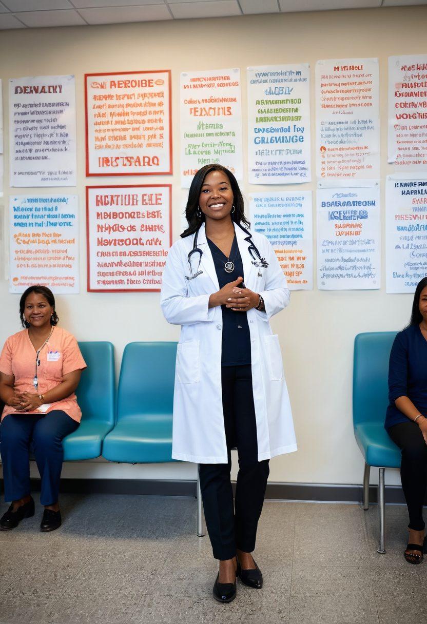 A compassionate healthcare advocate standing beside a diverse group of patients in a nephrology clinic, showcasing empowerment and support. The backdrop features a modern, well-lit medical environment, with images of healthy kidneys and inspiring words like 'Rights' and 'Quality of Life' on the walls. The advocate is gesturing towards the patients, symbolizing guidance and strength. Include elements like a stethoscope, educational pamphlets, and warm colors that convey hope and community. super-realistic. vibrant colors. 3D.